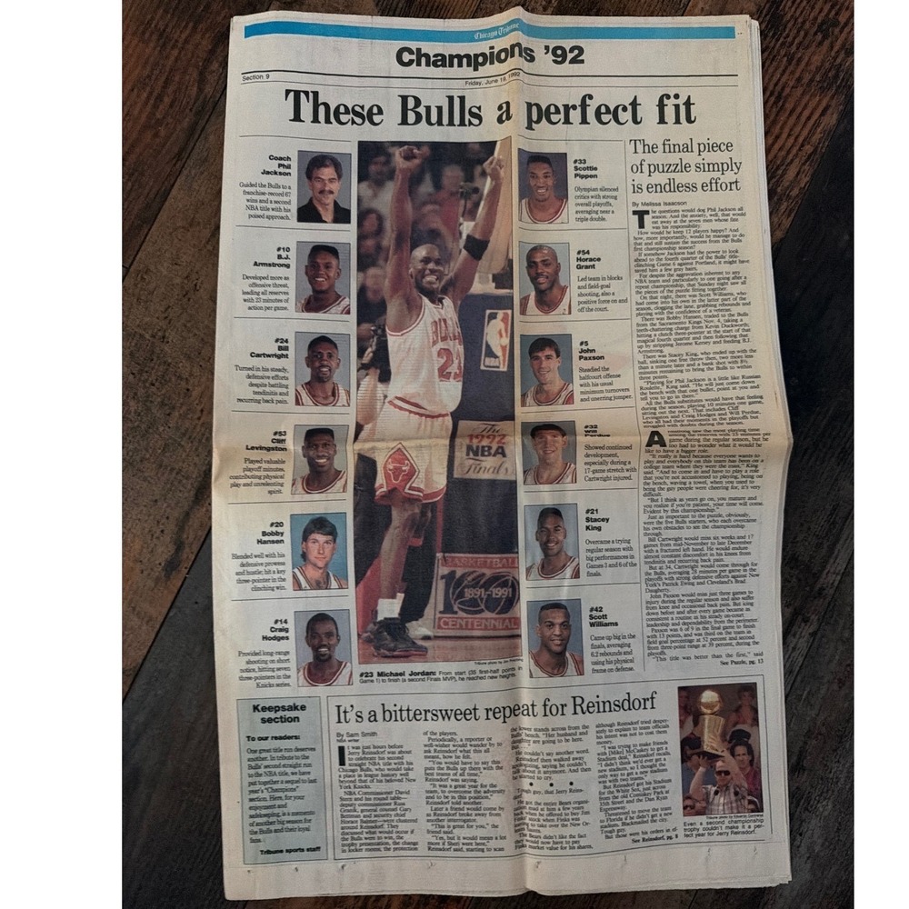 Vintage '92 Chicago Tribune Newspaper Chicago Bulls NBA Championship Repeat 6/19